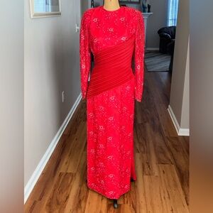 Rose Taft Couture VTG 1980’s red floral maxi lace Rhinestone gown/dress, sz S